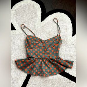 Zara satin coral and green polka dot peplum S